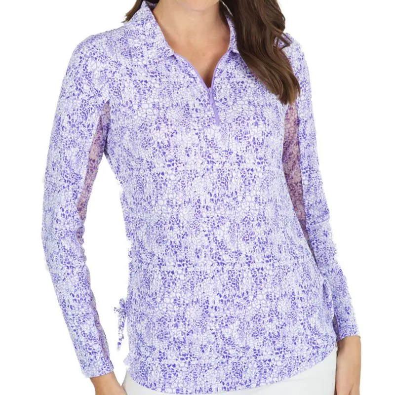 IBKUL Women's Abstract Skin Print Adjustable Length Long Sleeve 1/4-Zip Polo