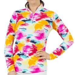 IBKUL Women's Matilda Print Long Sleeve Zip Mock Top
